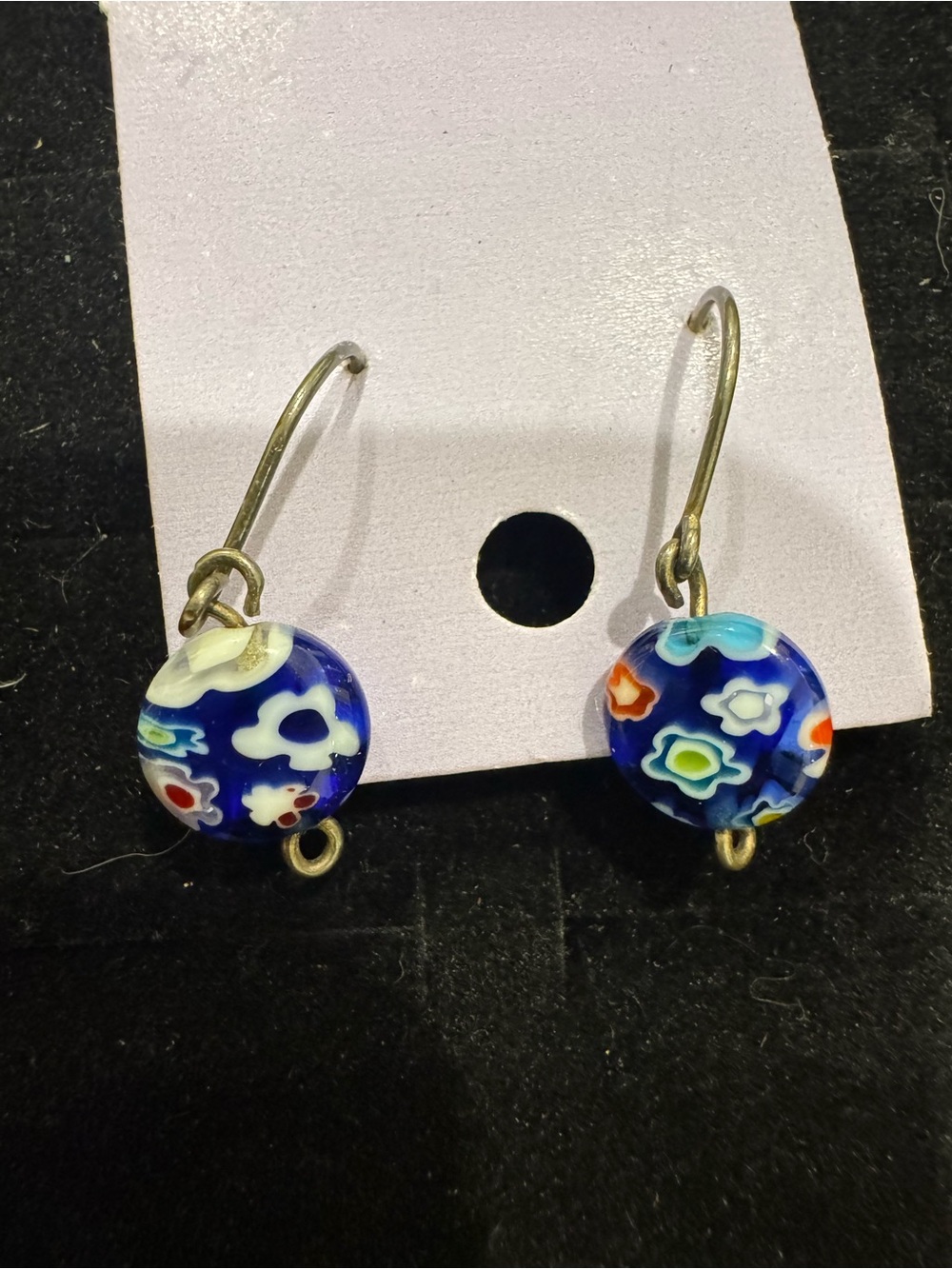 Blue Millefiori Glass Bead Floral Dangle Earrings Vintage Style Pierced